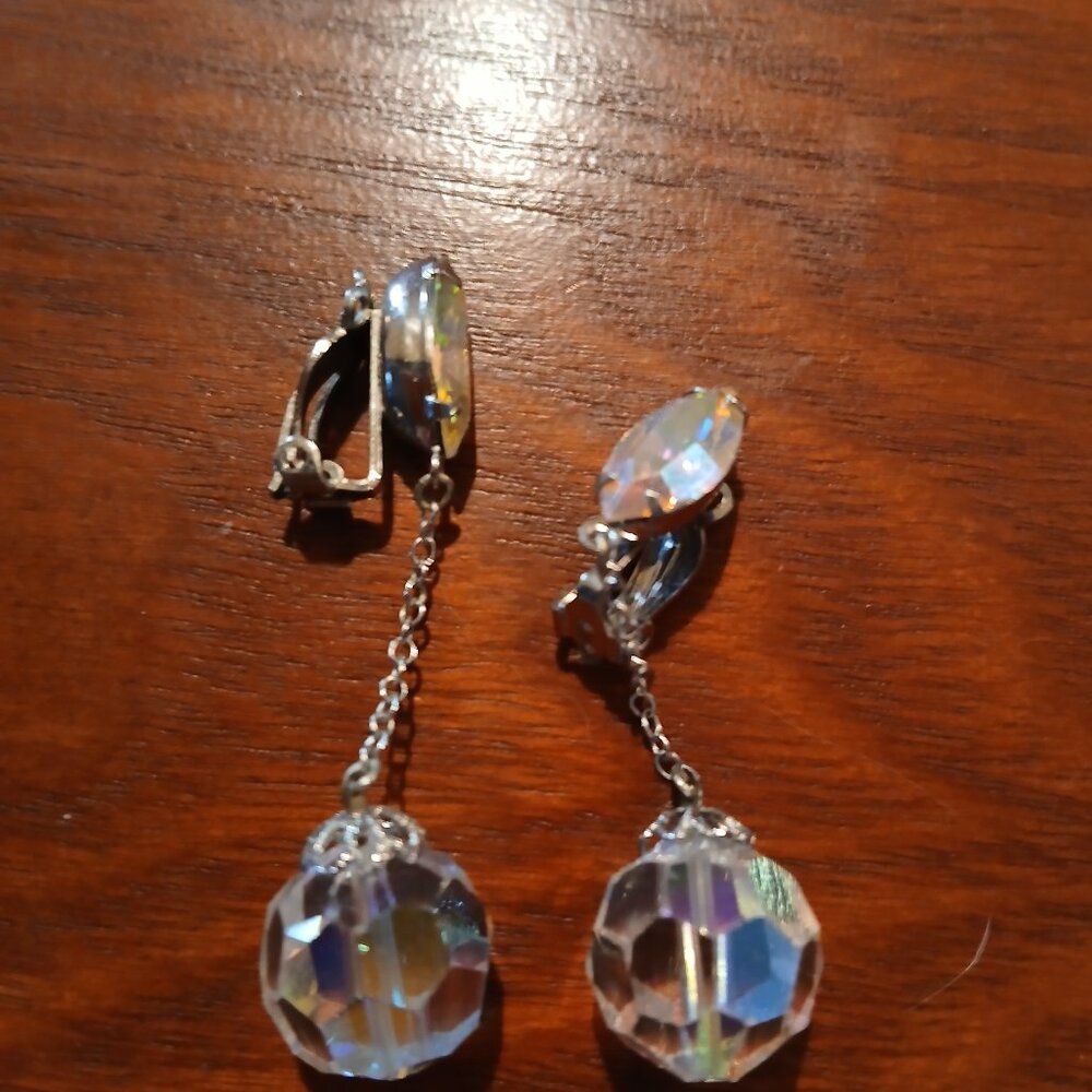 Lewis Segal California Women's Vintage AB Crystal Dangle Clip on Earrings